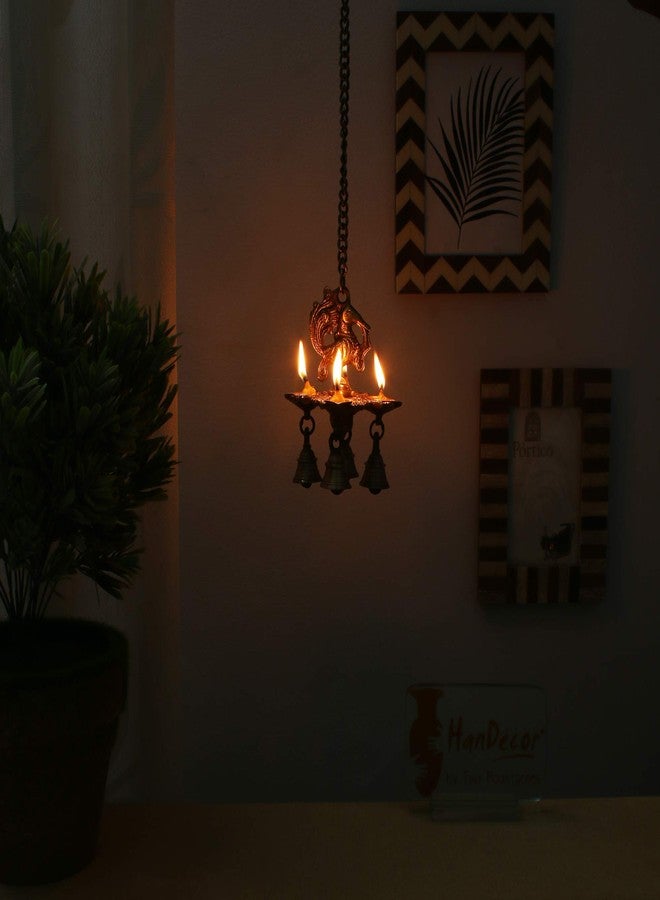 Two Moustaches Peacock Design 4 Oil Wick Brass Hanging Diya for Home Decor, Standard, Pack of 1 - Image 4